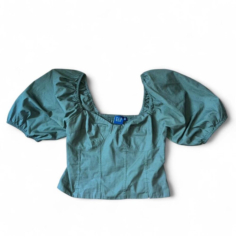 Gap Womens Army Green Sweetheart Milkmaid Blouse with Puff Sleeves SZ M